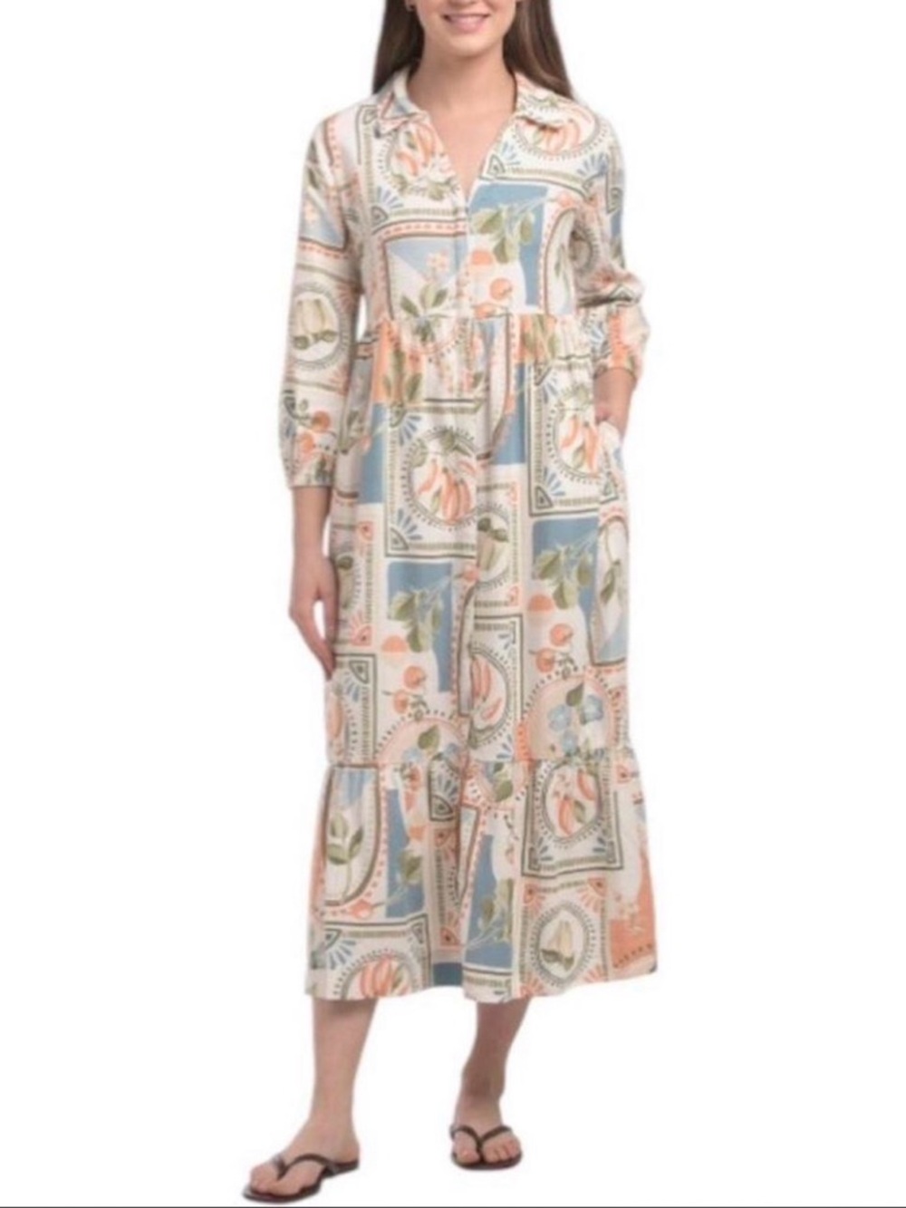 Nicole Miller Women’s Pastel Floral Print Midi Dress - Long Sleeve